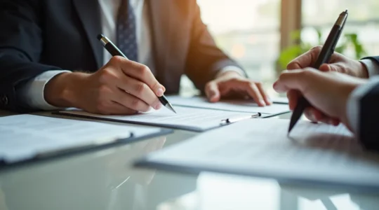 Photo réaliste d'une réunion d'affaires professionnelle avec un focus sur des documents et contrats signés autour d'une table en lumière naturelle douce, composition épurée avec espace négatif pour un rendu limpide