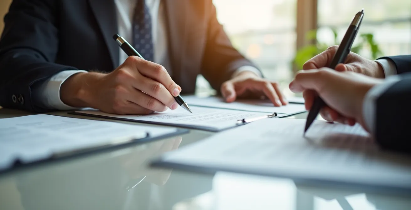 Photo réaliste d'une réunion d'affaires professionnelle avec un focus sur des documents et contrats signés autour d'une table en lumière naturelle douce, composition épurée avec espace négatif pour un rendu limpide