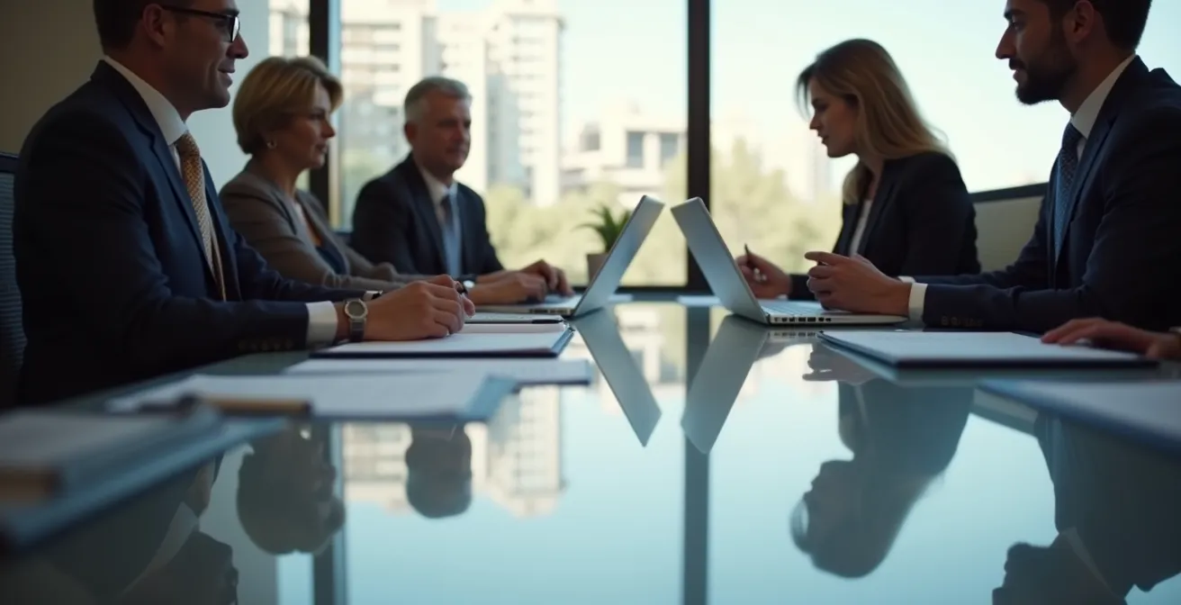 Photo réaliste d'une table de négociation entre dirigeants d'entreprise avec documents et laptops dans un bureau lumineux, ambiance professionnelle