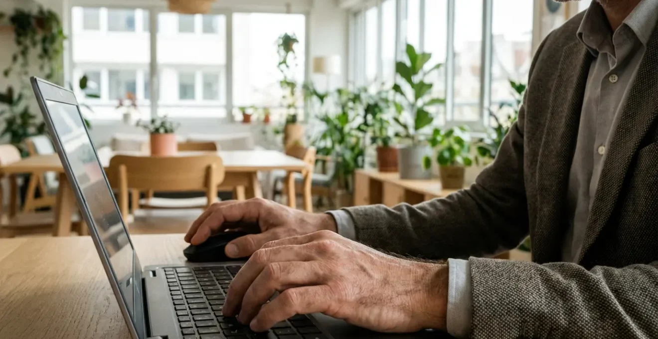 Consultant indépendant en portage salarial travaillant sur ordinateur dans un espace de coworking lumineux