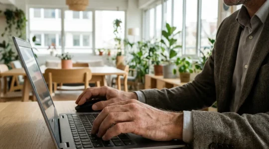 Consultant indépendant en portage salarial travaillant sur ordinateur dans un espace de coworking lumineux