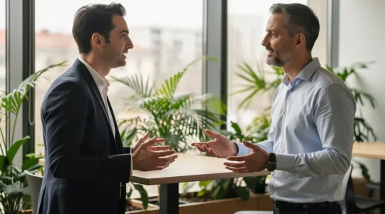 Consultant professionnel en discussion dans un espace de coworking lumineux, échange informel près d'une table haute