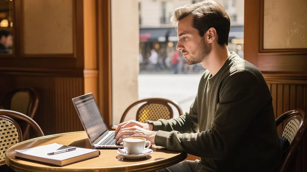Consultant indépendant travaillant sur ordinateur portable dans un café parisien lumineux, réflexion choix portage salarial