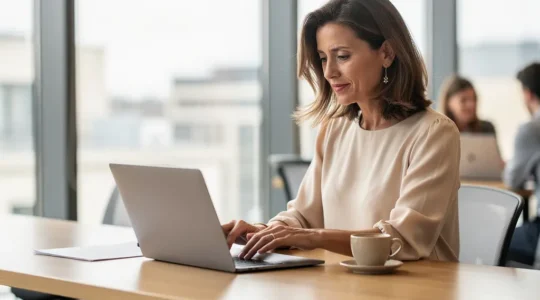 Consultante indépendante en portage salarial travaillant sereinement dans un espace de coworking moderne