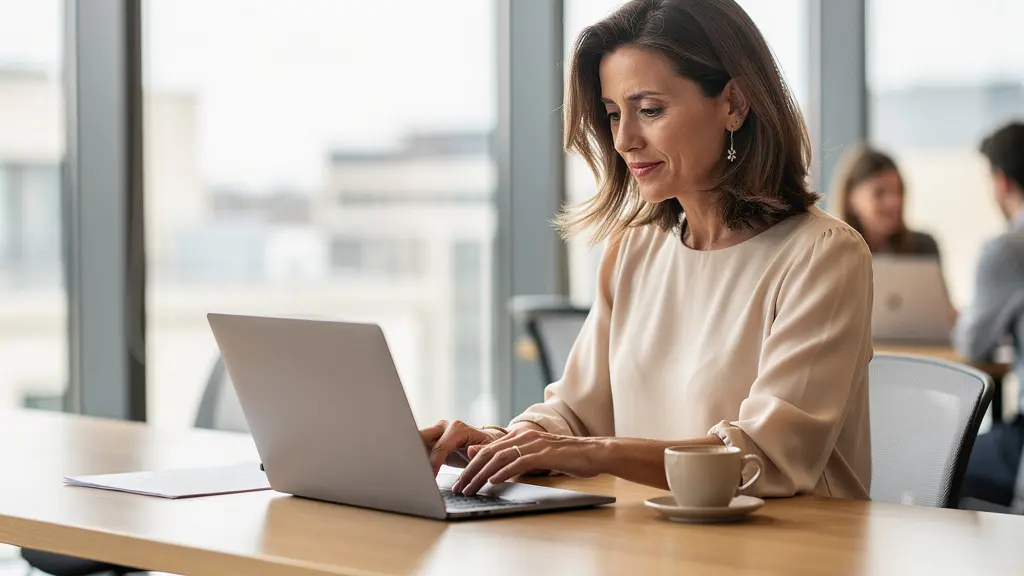 Consultante indépendante en portage salarial travaillant sereinement dans un espace de coworking moderne