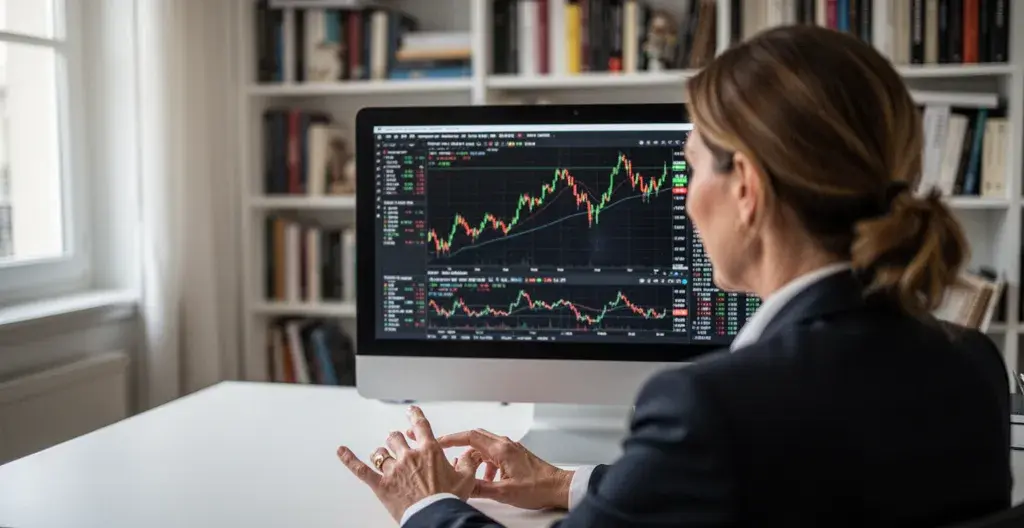 Professionnelle consultant une simulation financière sur écran d'ordinateur dans son bureau