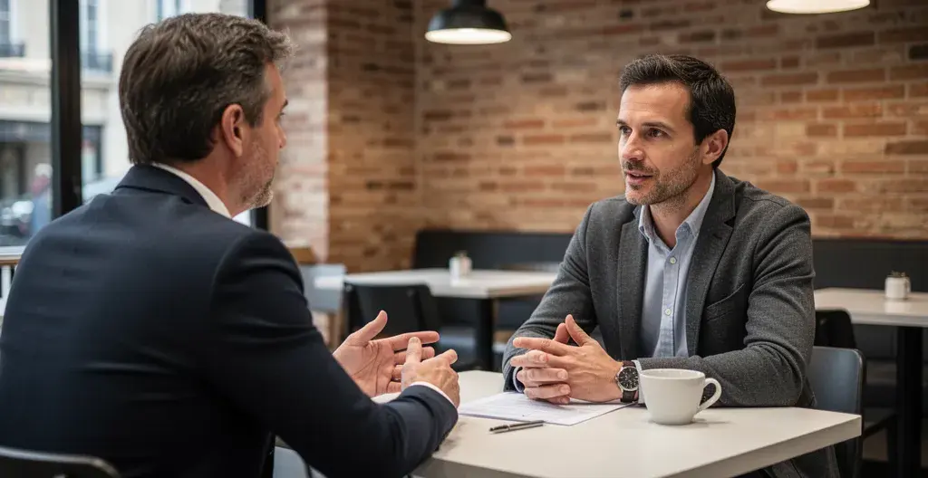 Deux professionnels discutant d'un projet de reconversion dans un café moderne