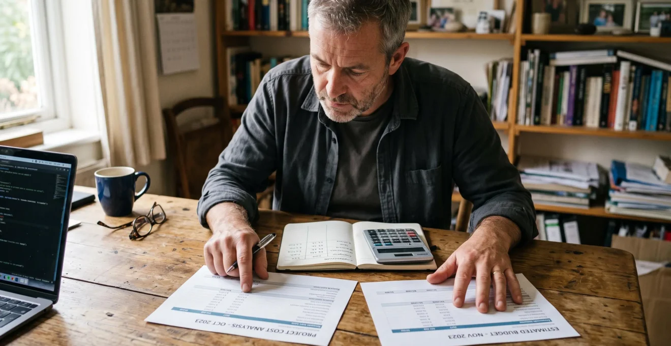 Un consultant indépendant compare deux décomptes de coûts posés côte à côte sur son bureau, calculateur et grille de comparaison à la main.