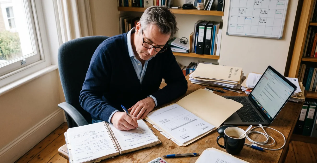 Un consultant indépendant planifie ses missions dans un agenda posé sur son bureau, entouré de dossiers clients et d'un ordinateur portable.
