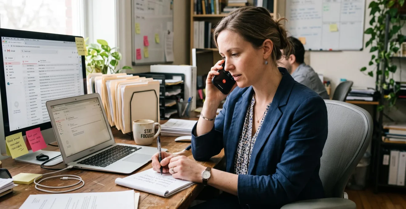 Une consultante indépendante au téléphone dans son bureau, prenant des notes pendant un appel entrant au milieu de dossiers clients.