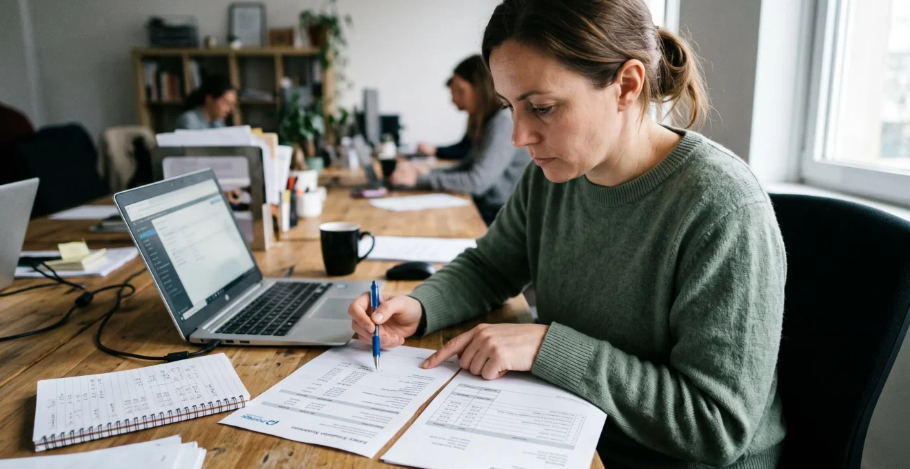 Une consultante indépendante compare à son bureau un devis client et une simulation de rémunération reçue d'une société de portage salarial.