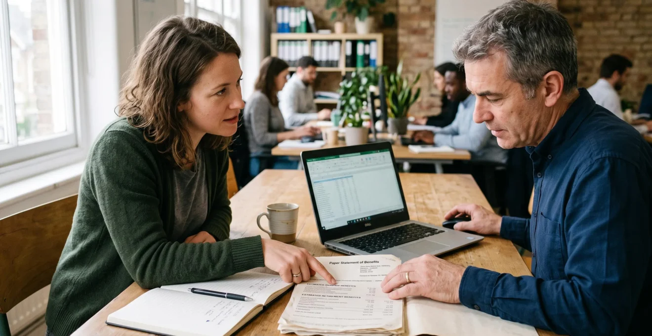 Une consultante indépendante examine avec un conseiller une attestation de protection sociale posée sur une table de coworking.