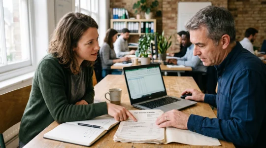 Une consultante indépendante examine avec un conseiller une attestation de protection sociale posée sur une table de coworking.