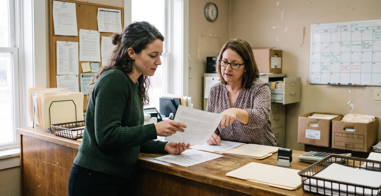 Une entrepreneuse remet son annonce légale de constitution au guichet d'un service de publication, avec un préposé qui vérifie le document.