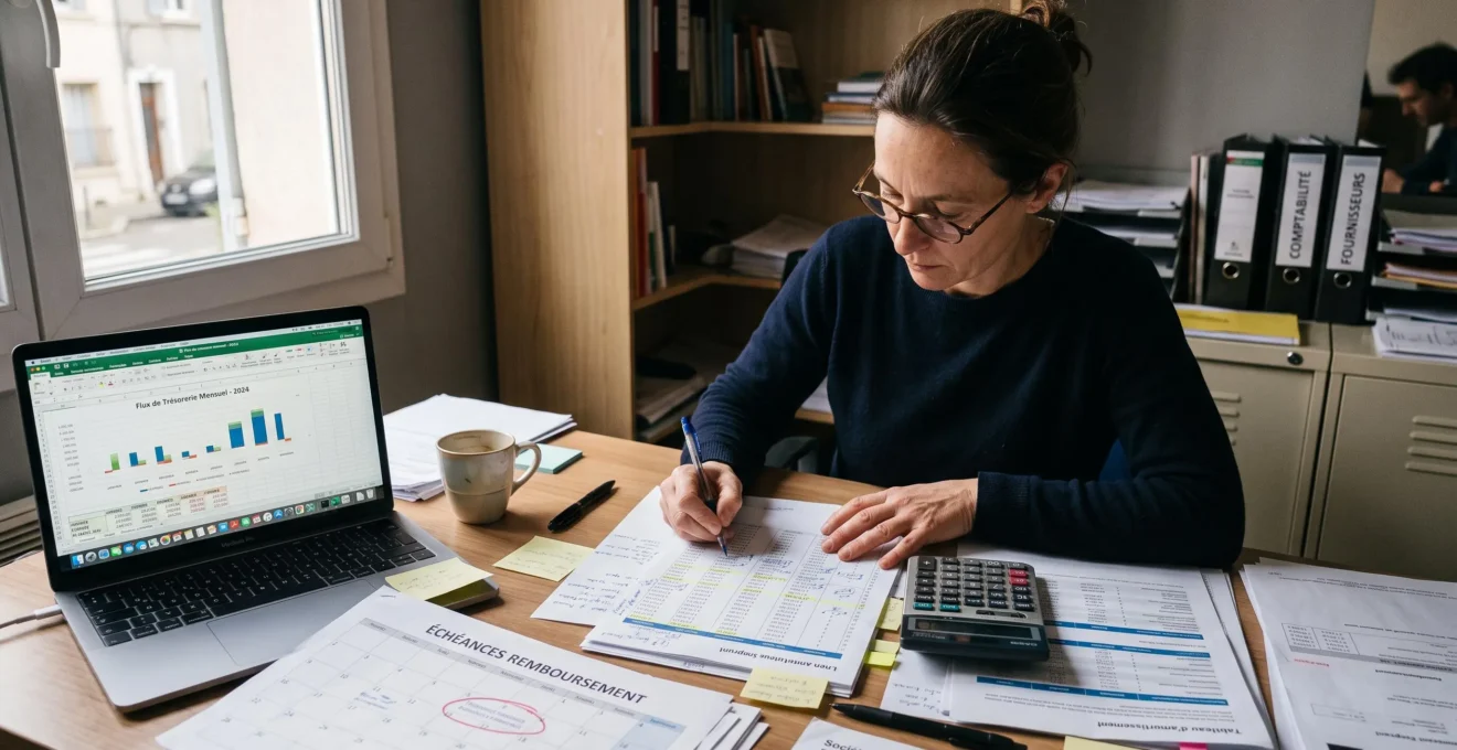 Un dirigeant d'entreprise annote un tableau d'amortissement de prêt à son bureau, calculatrice en main, en comparant plusieurs offres de financement.