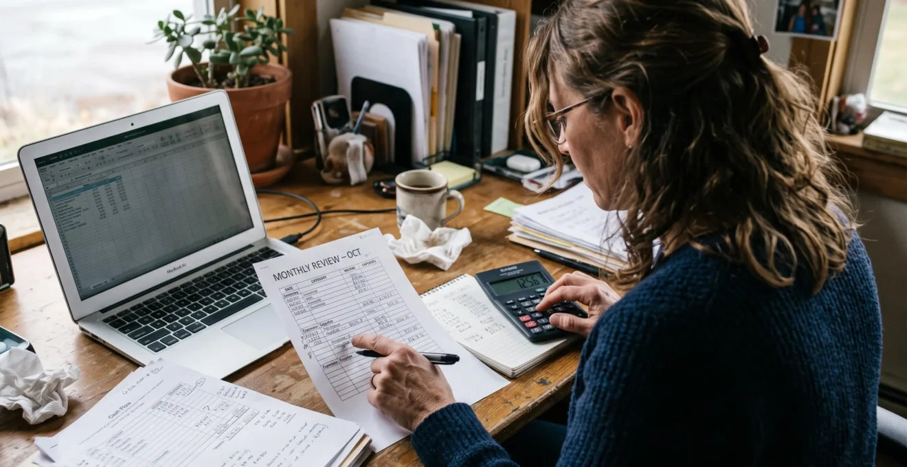 Un dirigeant de petite entreprise compare à son bureau des notes manuscrites et une feuille d'analyse mensuelle avec une calculatrice et des relevés bancaires.