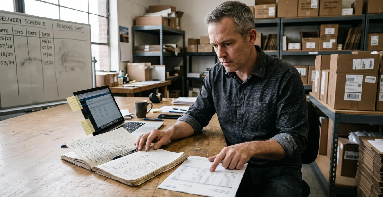 Un dirigeant d'entreprise compare un carnet de commandes bien rempli avec un relevé de compte devant des marchandises en attente d'expédition.