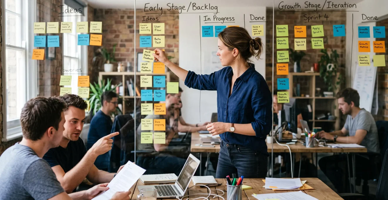 Un dirigeant d'entreprise déplace des notes sur un mur de planification pour réorganiser les priorités de son activité en croissance.