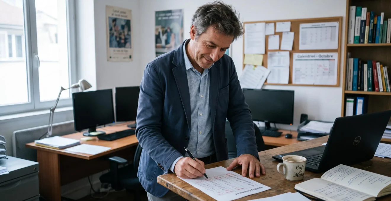 Un dirigeant d'entreprise examine une page unique de tableau de bord hebdomadaire et annoté une ligne avec un stylo.