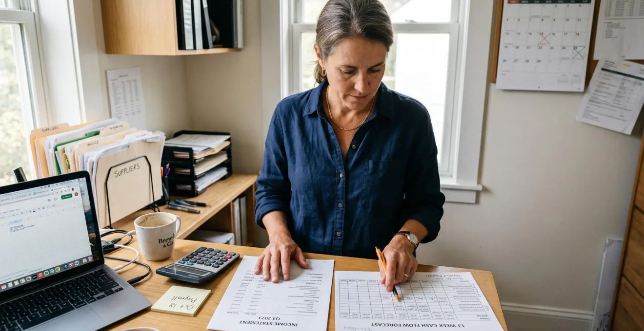Une dirigeante d'entreprise compare un tableau de trésorerie prévisionnelle et ses comptes à son bureau, stylo en main, entourée de factures et d'un ordinateur portable.