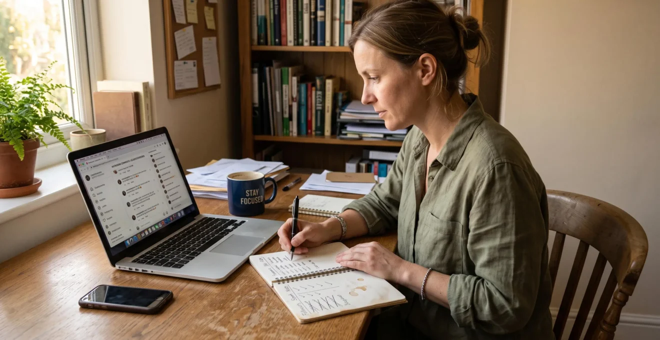 Un entrepreneur analyse les commentaires sous ses publications sur un ordinateur portable et prend des notes dans un carnet.