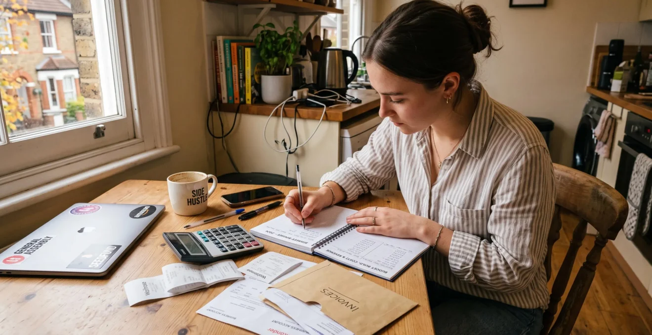 Un futur entrepreneur établit un budget de lancement sur papier avec une calculatrice et des factures posées sur une table.