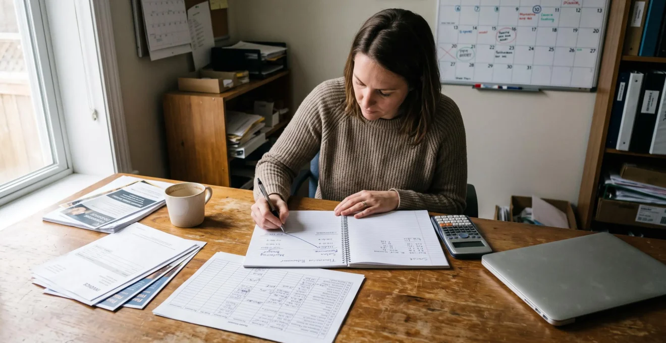Un entrepreneur assis à son bureau calcule sur un carnet le lien entre ses dépenses marketing et les ventes générées.