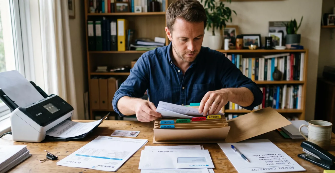 Un entrepreneur rassemble et classe des documents justificatifs dans un dossier administratif avant de déposer sa formalité de création d'entreprise.