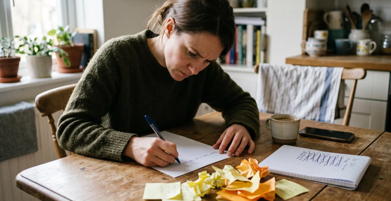 Un entrepreneur écrit en deux phrases la formulation de son projet sur une feuille posée sur une table de travail en bois.