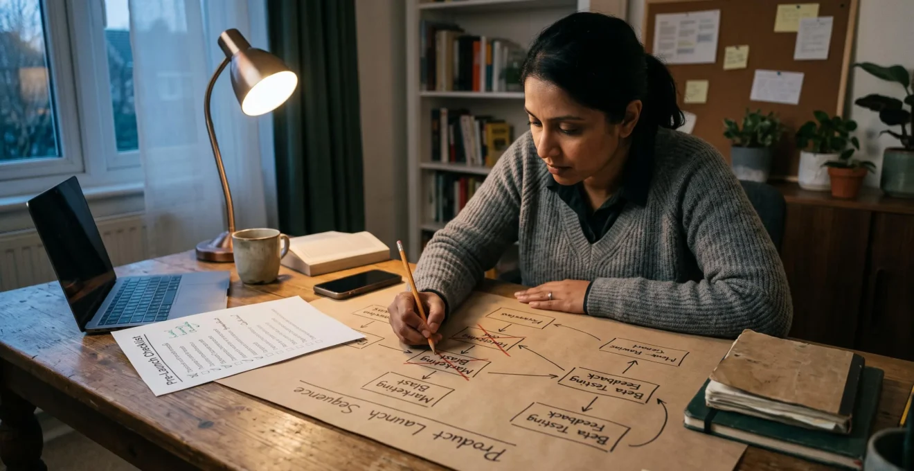 Un entrepreneur assis à son bureau réordonne les étapes de lancement de son projet sur une feuille de préparation annotée.