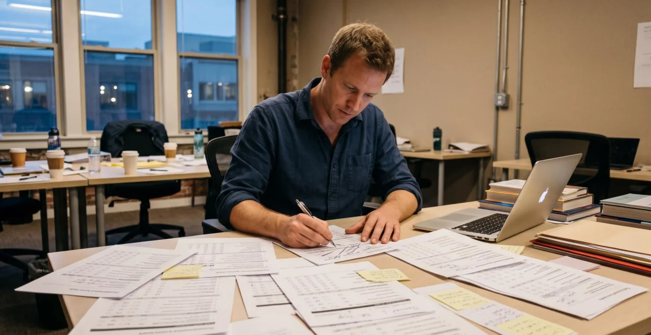 Un entrepreneur annotant et corrigeant des questionnaires d'étude imprimés étalés sur une table de coworking.