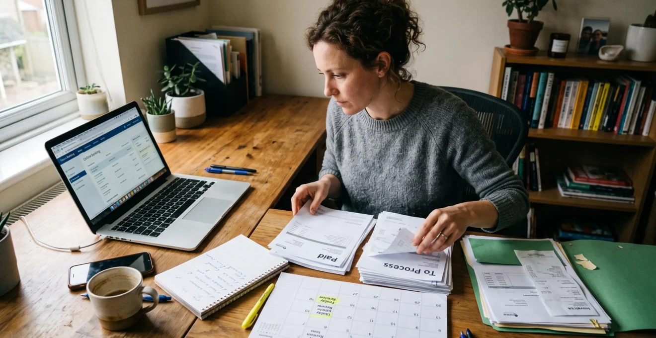 Un entrepreneur trie des factures en piles sur son bureau tout en consultant son compte bancaire sur ordinateur portable lors d'une session de suivi hebdomadaire.