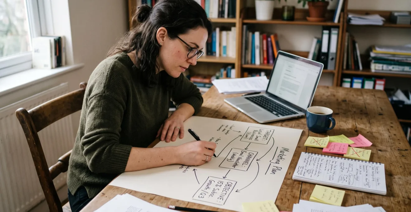 Une entrepreneure dessine à la main sur une feuille les liens entre sa cible, un canal et un objectif chiffré, dans un bureau à domicile.