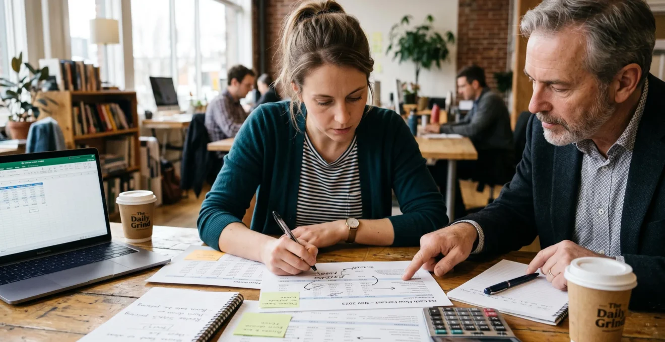 Une entrepreneure annote et corrige des hypothèses chiffrées sur un business plan imprimé avec un conseiller à ses côtés.