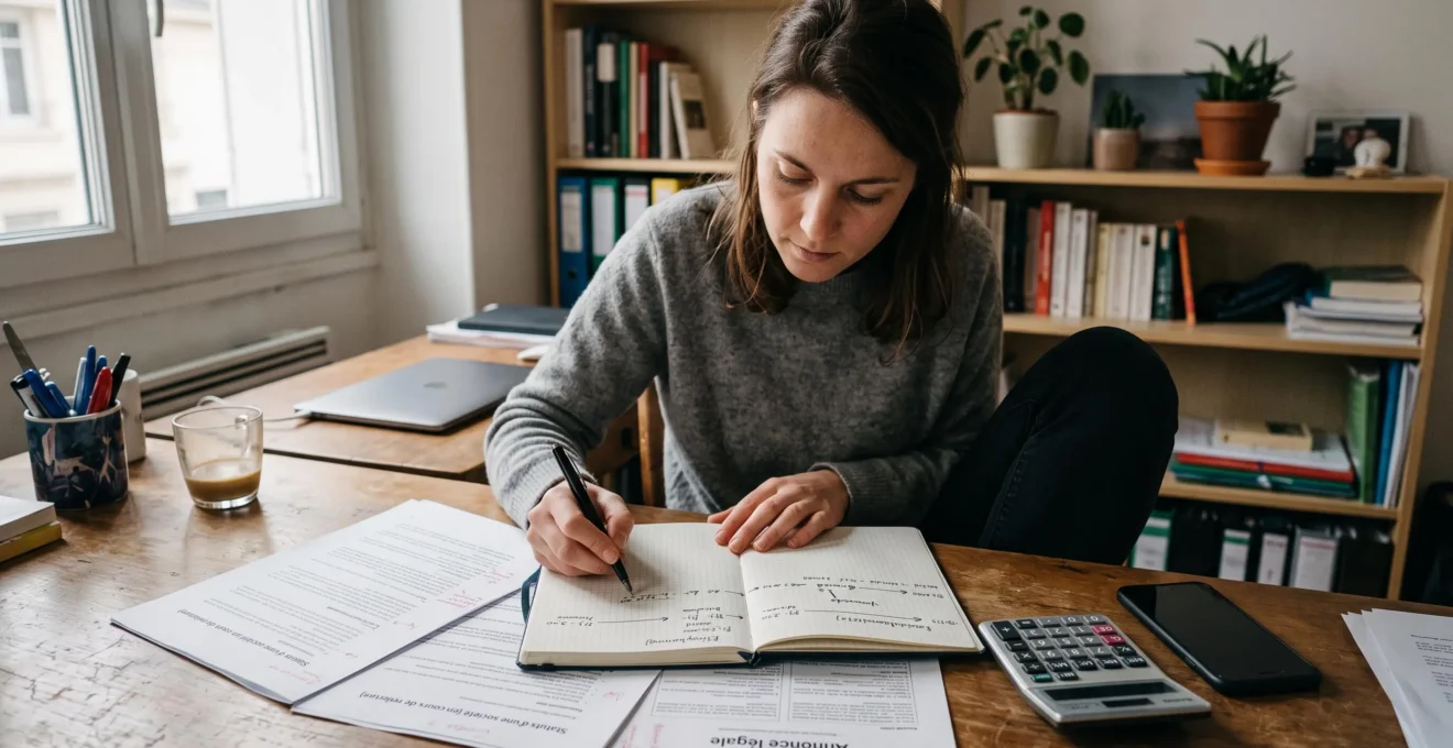Une entrepreneure planifie l'ordre de ses démarches de création d'entreprise sur un carnet, entourée de statuts et de justificatifs.