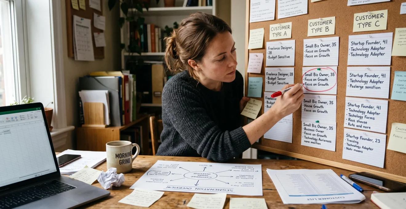 Une entrepreneure cerclant sur un tableau en liège des fiches clients pour identifier son profil de client principal.