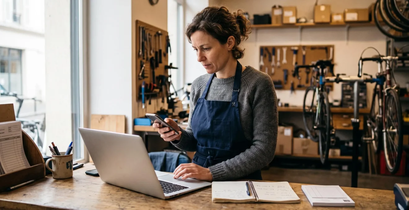 Une entrepreneure compare les informations de son entreprise affichées sur son téléphone et sur son ordinateur portable, dans son atelier.
