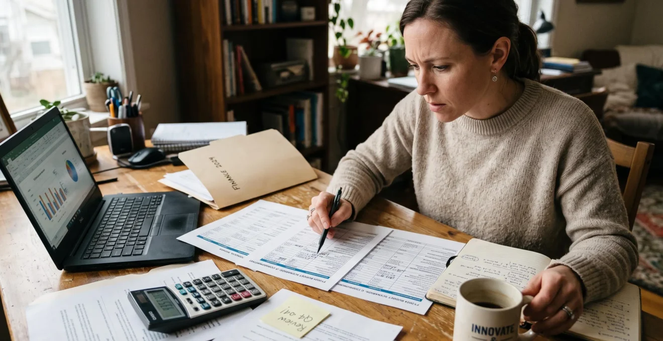 Une entrepreneuse compare trois colonnes d'un budget prévisionnel imprimé posées sur son bureau de travail.