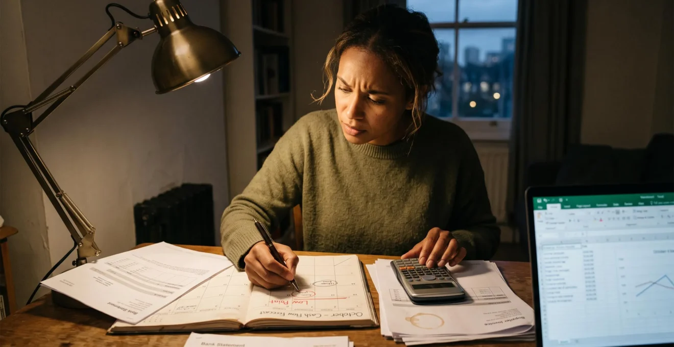 Une entrepreneuse construit un plan de trésorerie mensuel à son bureau, calculatrice et relevés bancaires à portée de main.