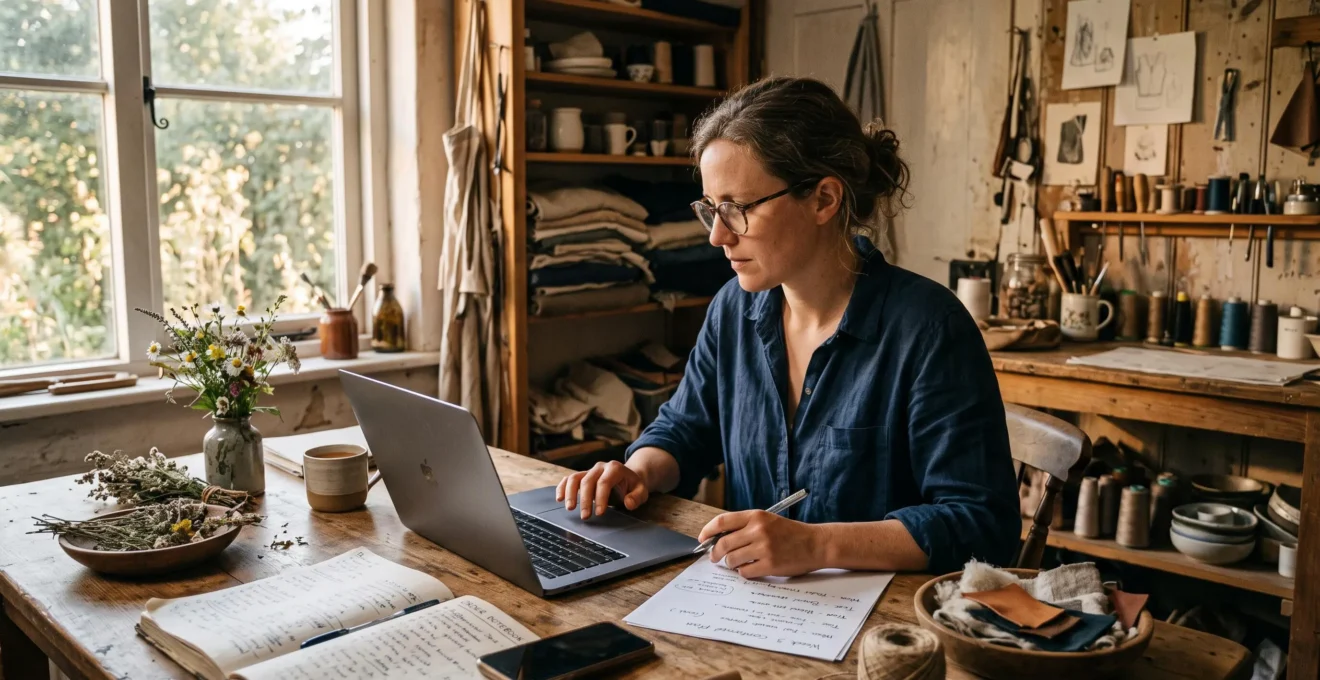 Une entrepreneuse assise dans son atelier rédige une publication sur un seul réseau social depuis son ordinateur portable, entourée de son carnet de commandes et d'un planning hebdomadaire manuscrit.