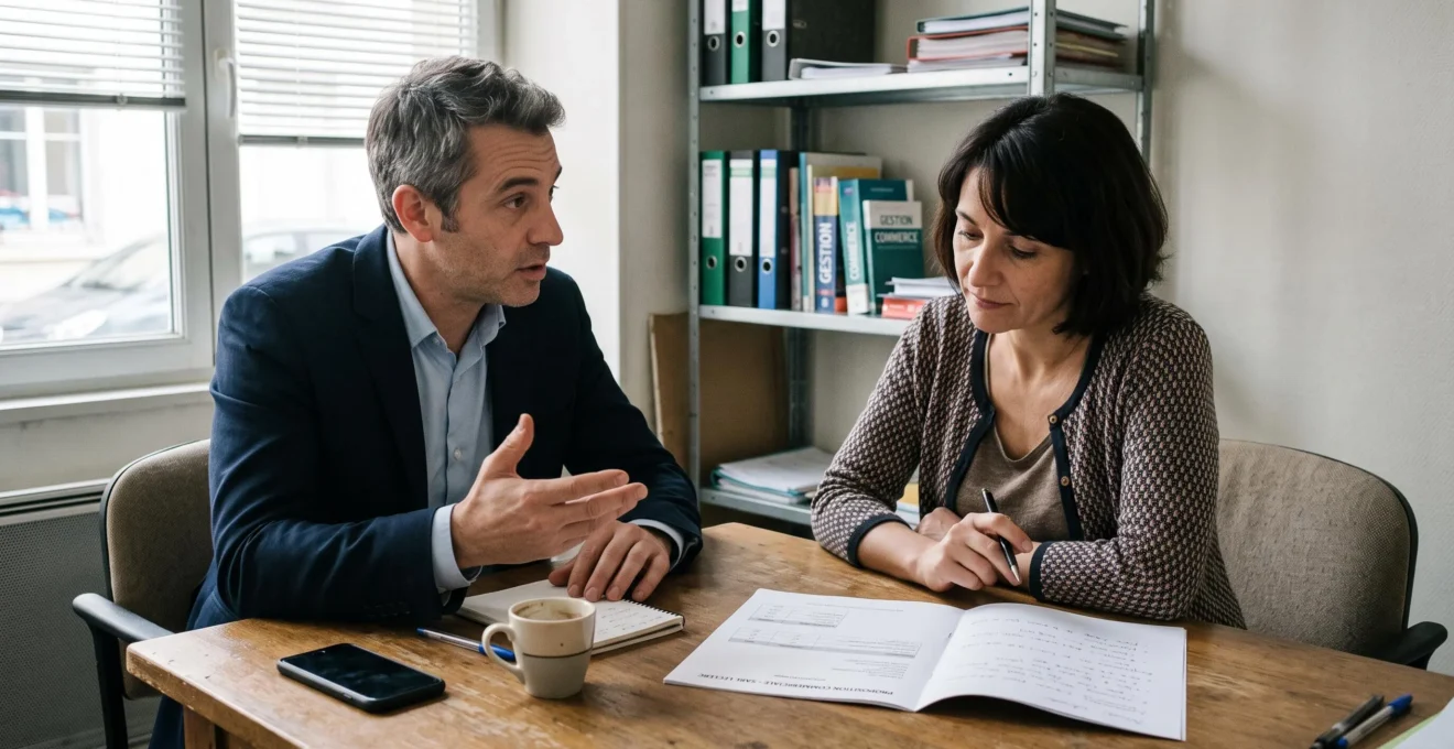 Une consultante commerciale et une dirigeante examinent ensemble une proposition commerciale posée sur la table lors d'un entretien de conclusion de vente.