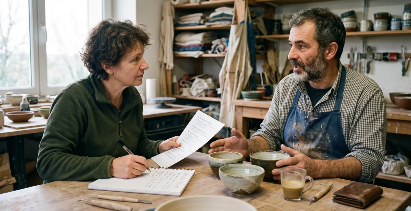 Un entrepreneur prend des notes pendant un entretien avec un prospect assis en face de lui à une table de travail.