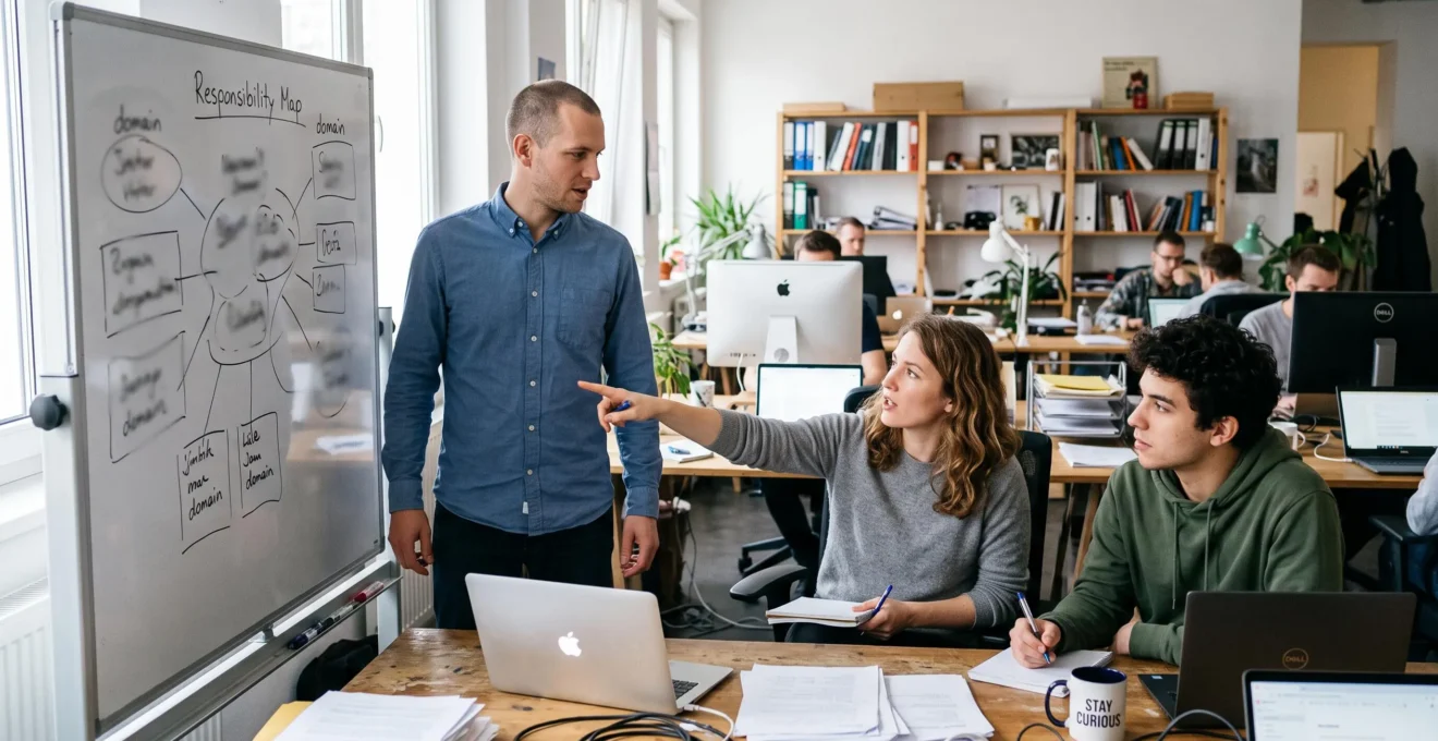Le fondateur d'une jeune entreprise dessine une répartition des responsabilités sur un tableau blanc devant deux collaborateurs assis dans un open space