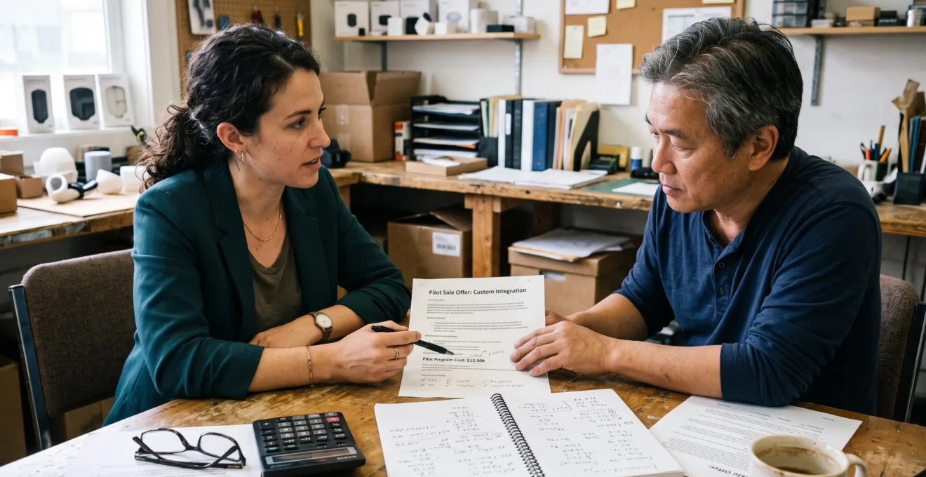 Une entrepreneuse négocie une vente pilote avec un client autour d'une table, un document d'offre et une calculatrice posés entre eux.