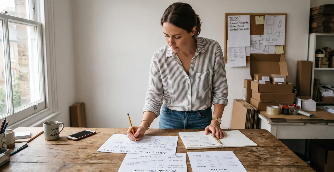 Une entrepreneure prépare seule son offre commerciale sur une table de travail, avec une grille tarifaire, un calendrier de livraison et des échantillons de produits autour d'elle.