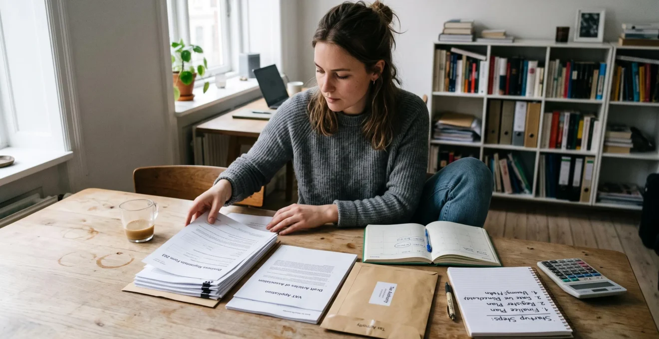 Un futur entrepreneur réorganise sur une table des dossiers et un carnet de suivi lors de la préparation de son projet de création d'entreprise.