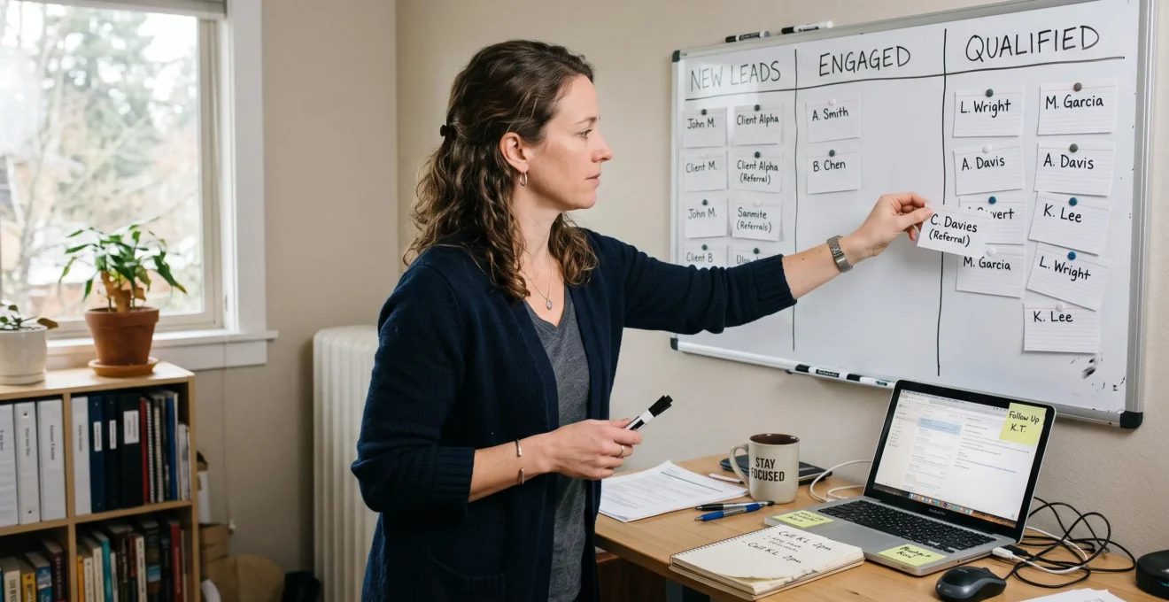 Une entrepreneure trie des fiches de contacts en colonnes sur un tableau blanc dans son bureau pour qualifier ses prospects.